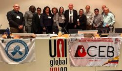 Na sede da UNI Global Union, bancários de diferentes países compartilham experiências e alinham ações