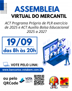 Bancários do Mercantil têm assembleia no dia 19 sobre ACTs de PLR e auxílio educacional